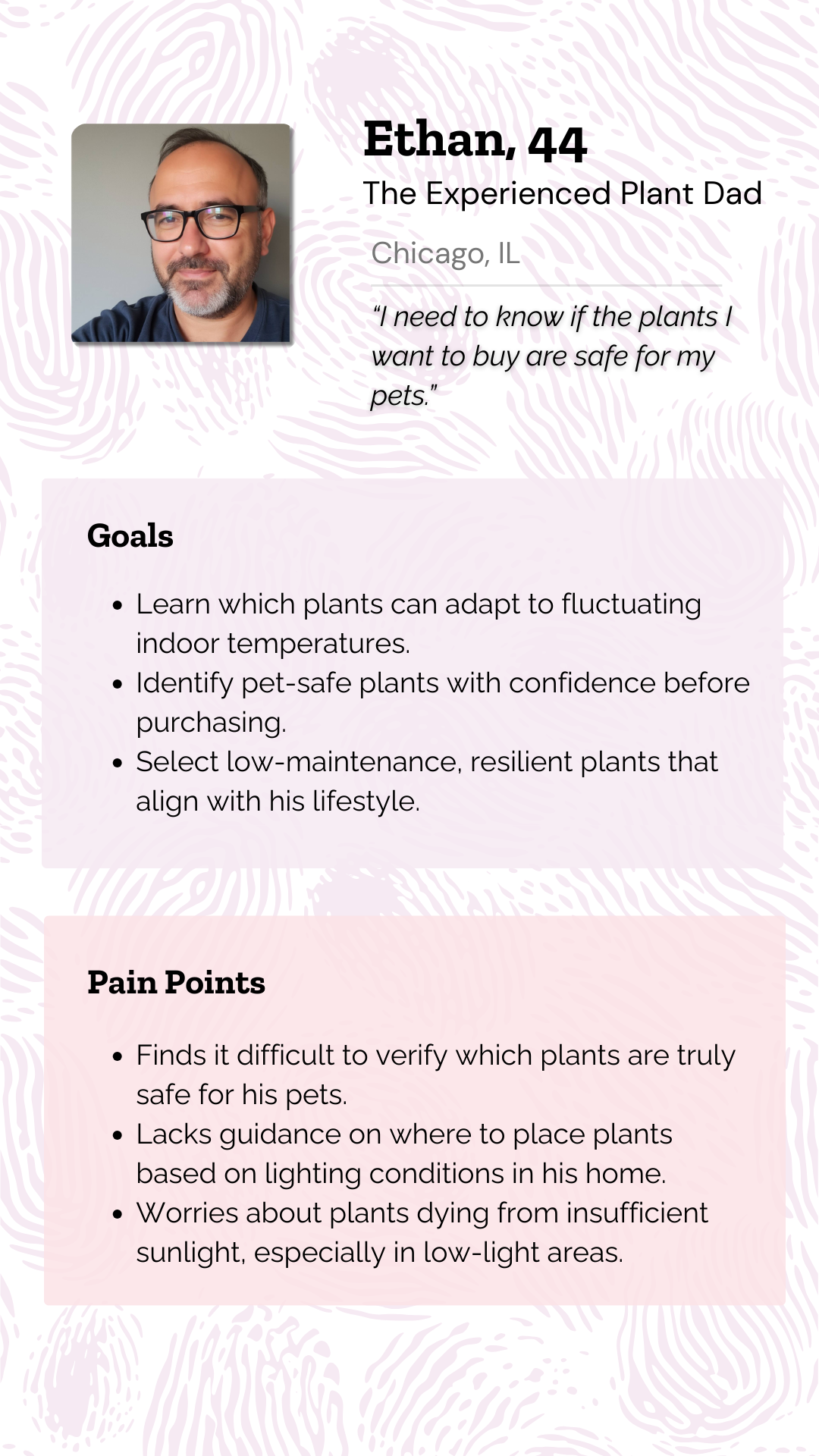 Profile of a man named Ethan, 44, from Chicago, IL, described as "The Experienced Plant Dad" with a quote about pet-safe plants. Includes his goals such as learning about adaptable, low-maintenance, pet-safe plants, and pain points related to plant s