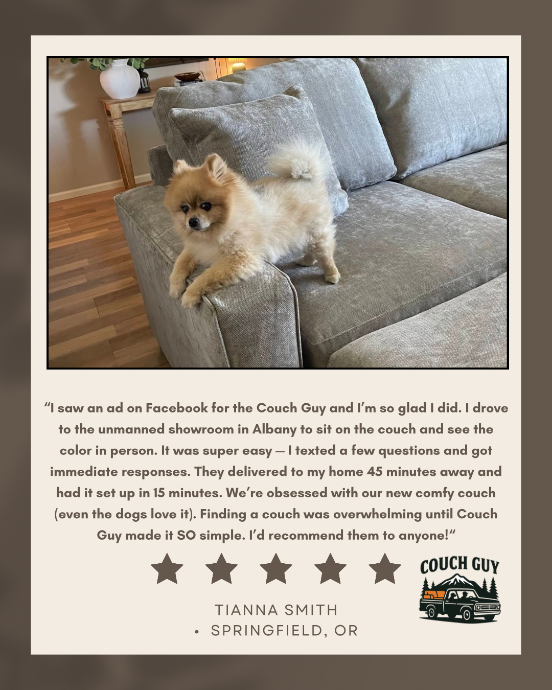 Review of Couch Guy couch buying process being simple fast and stress free