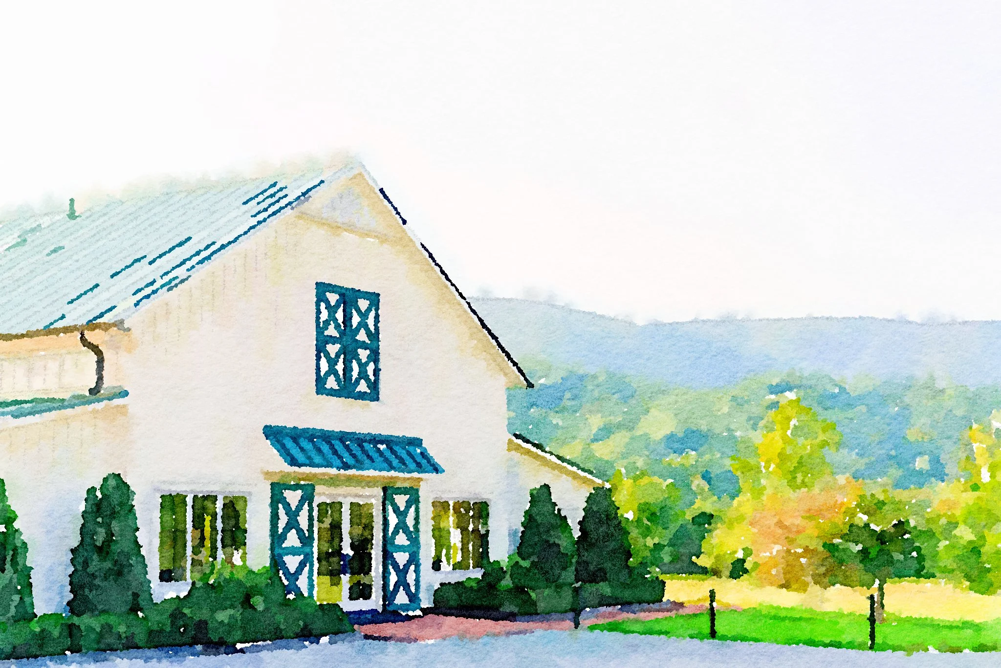 Watercolor painting of a white house with blue accents, surrounded by green trees and distant mountains.