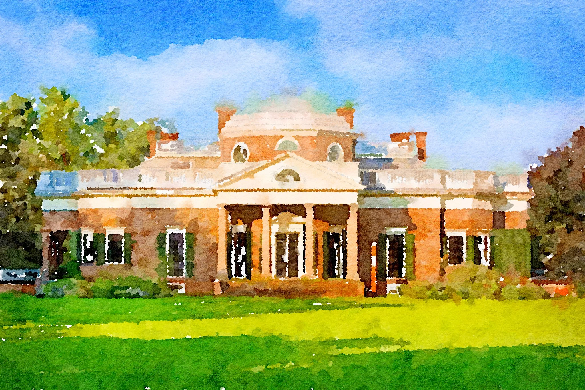 Watercolor painting of a historic brick mansion with tall windows and a central entrance, surrounded by green lawn and trees under a blue sky.