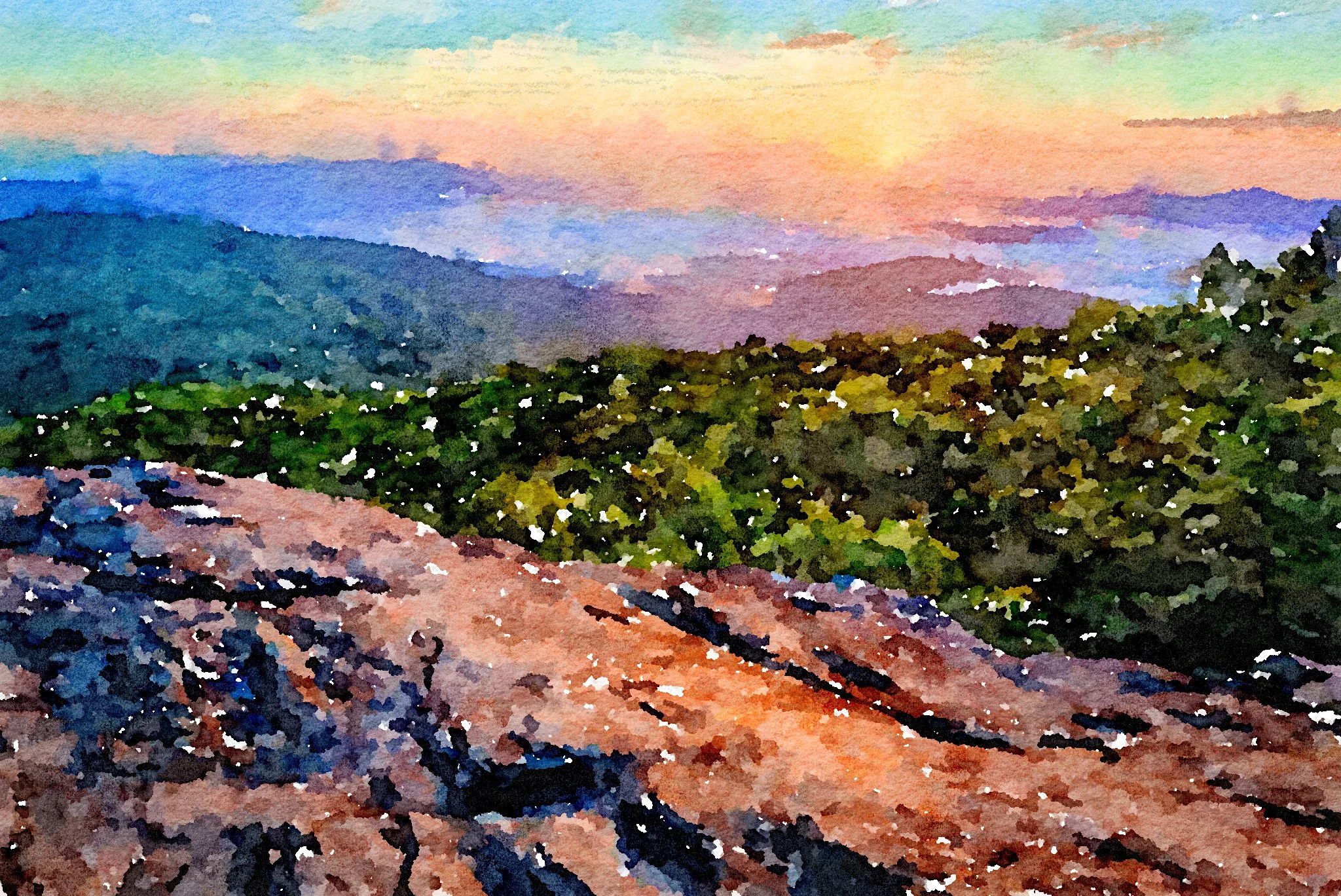 A watercolor painting of a mountain landscape at sunset with layered blue and purple mountains in the background, lush green forests in the middle ground, and a rocky foreground.