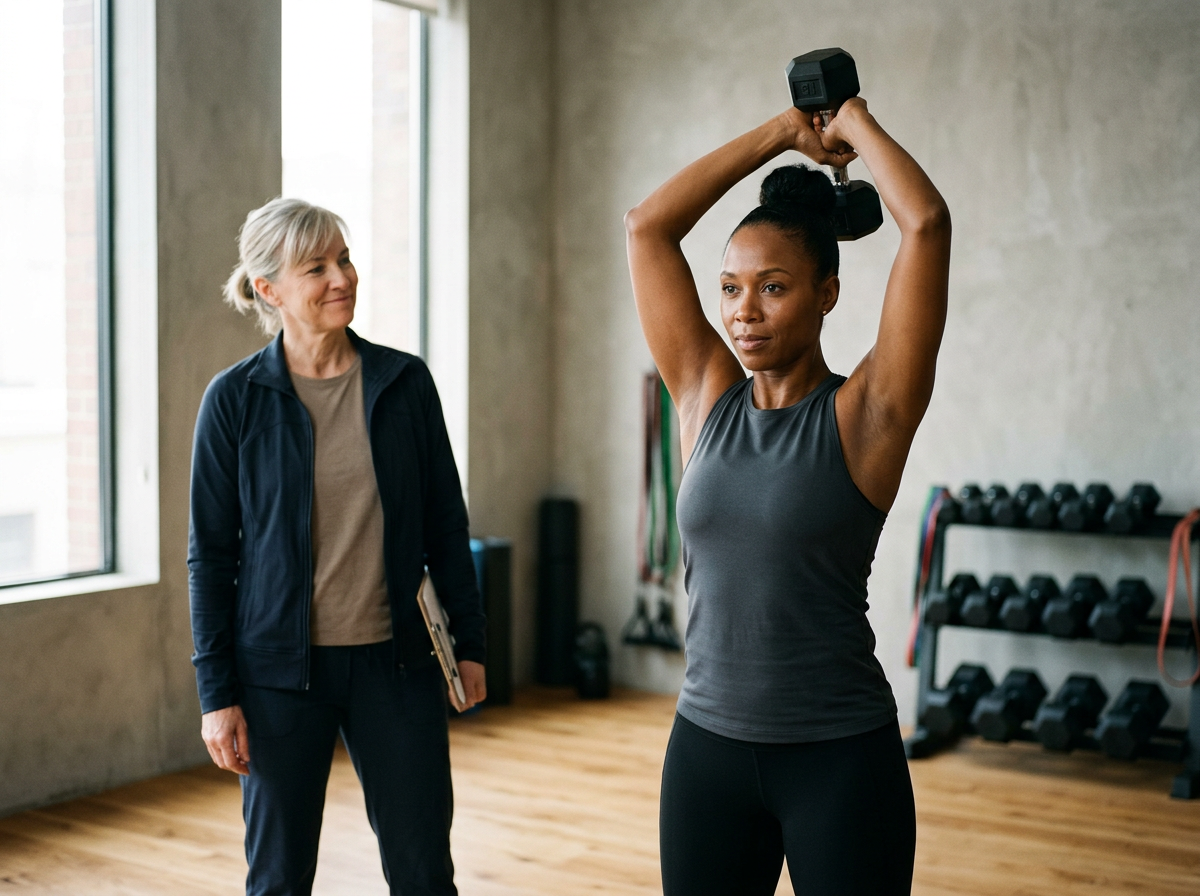 Woman lifting a dumbbell overhead in a gym while a trainer watches.