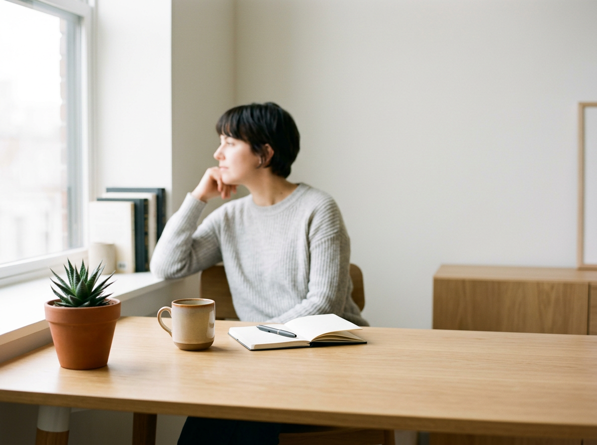 A woman sitting at a wooden table in a bright room, looking out the window with her hand on her chin. On the table are a potted succulent, a coffee mug, and an open notebook with a pen.