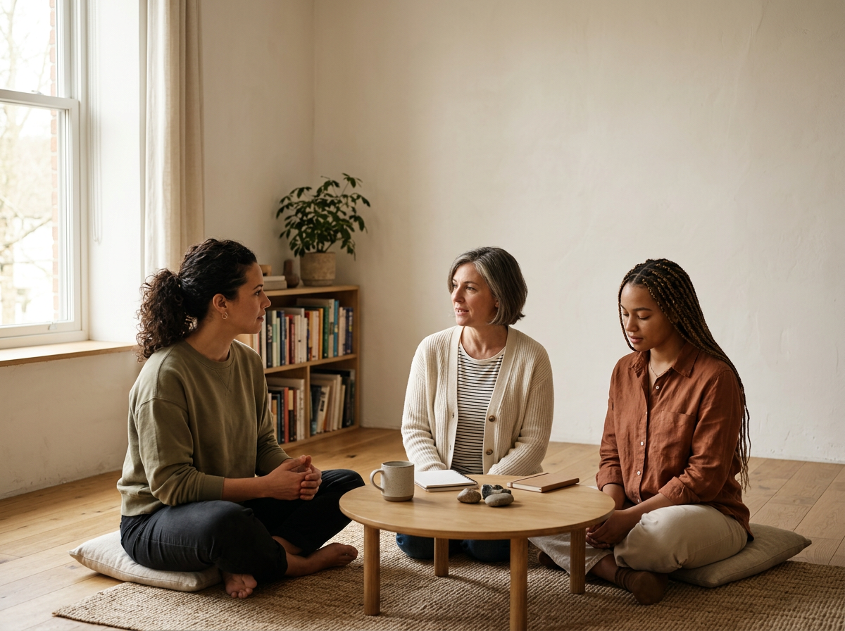 Three women sitting on cushions cross-legged around a small wooden table in a bright room with a bookshelf and plant in the background, engaged in a thoughtful conversation.