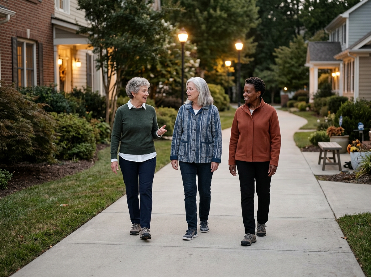 Three women walking and talking on a sidewalk in a residential neighborhood during evening, with houses, trees, and street lamps in the background.