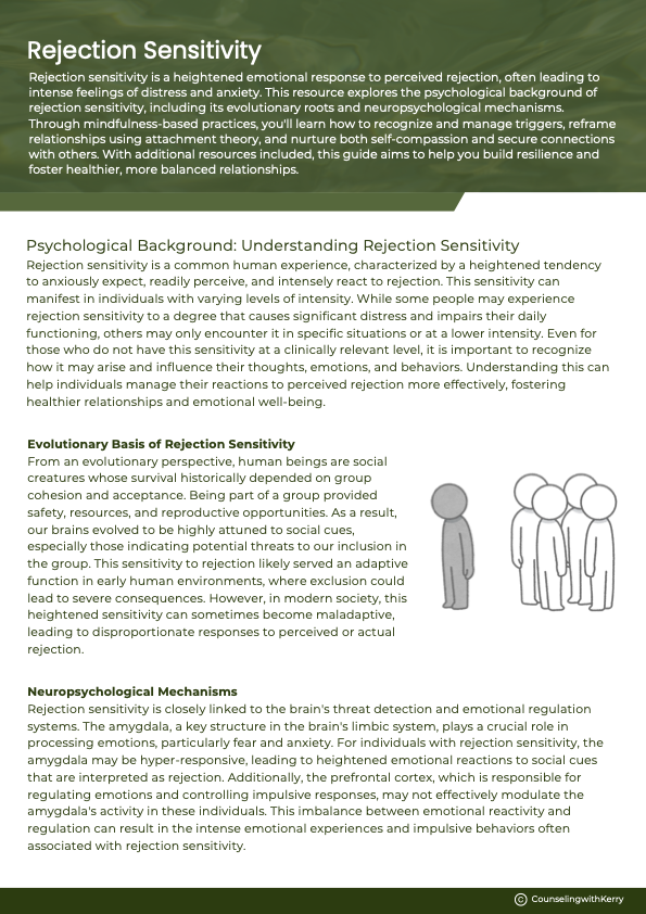 Text-rich educational article about rejection sensitivity, its psychological background, evolutionary basis, and neuropsychological mechanisms, with some illustrative icons of people.