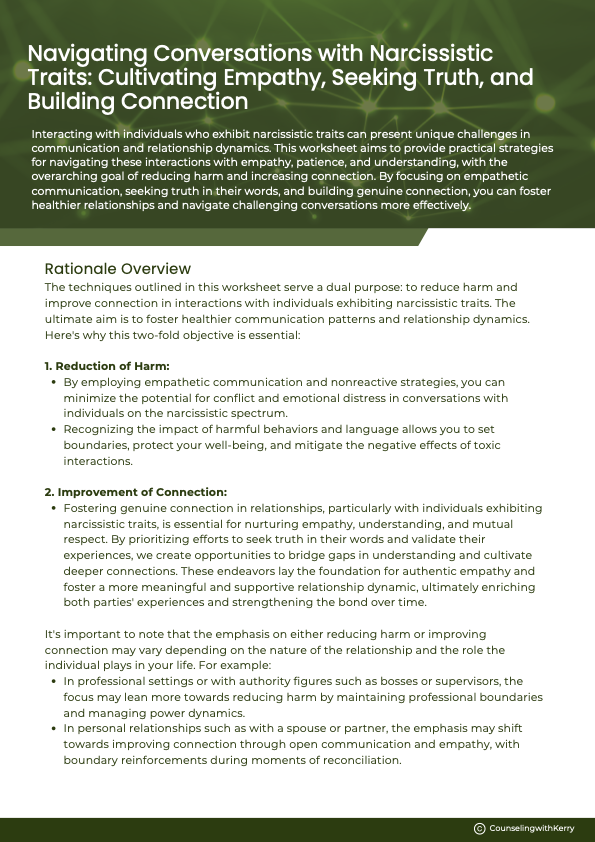 Document titled 'Navigating Conversations with Narcissistic Traits: Cultivating Empathy, Seeking Truth, and Building Connection' discussing strategies to manage narcissistic traits, reduce harm, and improve relationships through empathy and genuine connection, with sections on rationale, reduction of harm, and improvement of connection.