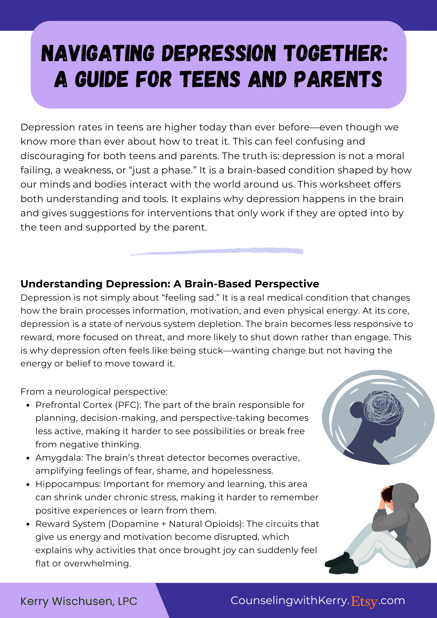 An informational flyer titled "Navigating Depression Together: A Guide for Teens and Parents" with a purple header and purple and gray sections. It includes illustrations of a person with a scribbled brain inside their head and a person sitting with their face in their hands. The flyer discusses depression in teens, its brain-based nature, and neurological perspectives.