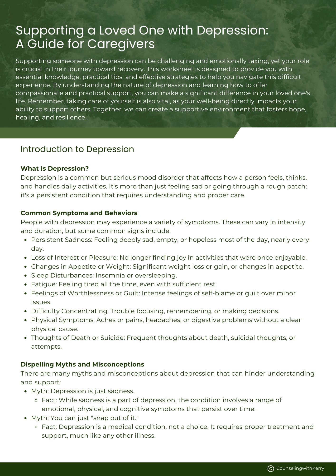 Guide titled 'Supporting a Loved One with Depression: A Guide for Caregivers' with information on understanding, symptoms, myths, and misconceptions about depression.