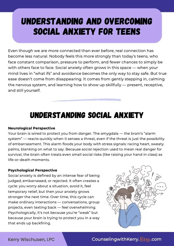 Informational graphic titled 'Understanding and Overcoming Social Anxiety for Teens' with purple header and footer. Contains text about social anxiety from neurological and psychological perspectives, and an illustration of a person overwhelmed by social thoughts.