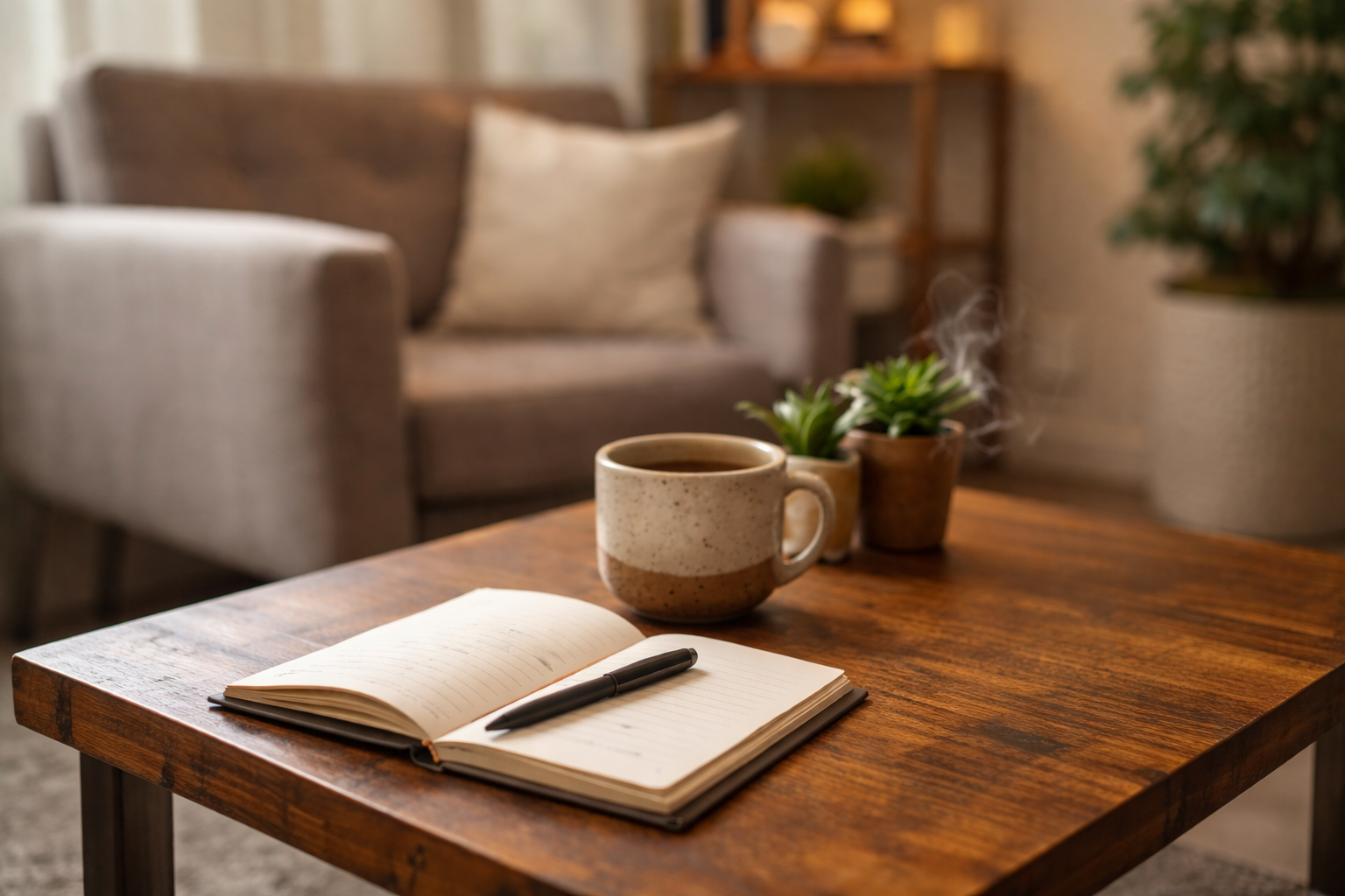 A cozy living room with a wooden table holding a steaming mug of coffee, an open notebook with a black pen, and two small potted plants. In the background, there is a beige sofa with throw pillows and a bookshelf with decorative items and plants.