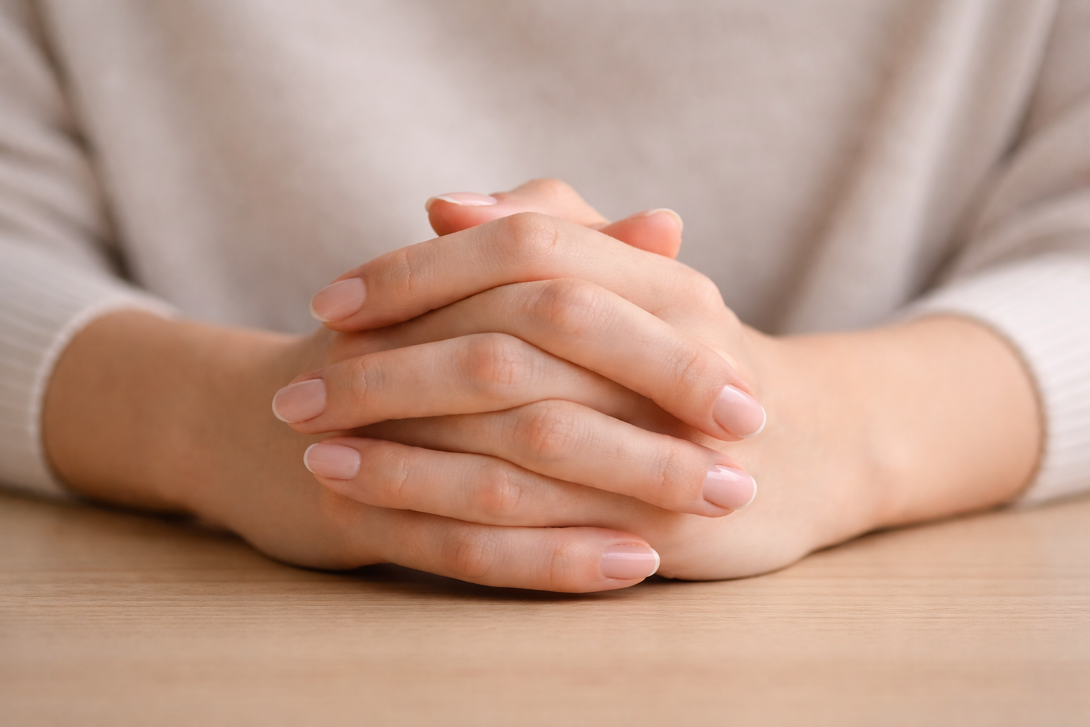 Close-up of a person's hands folded on a wooden surface, wearing a light-colored long-sleeve shirt.