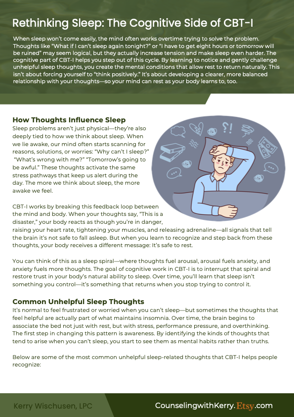 Illustration of a person resting their head on their hand with various sleep-related icons around, like a moon, stars, alarm clock, and a cloud, set against a background of text about sleep and cognition.