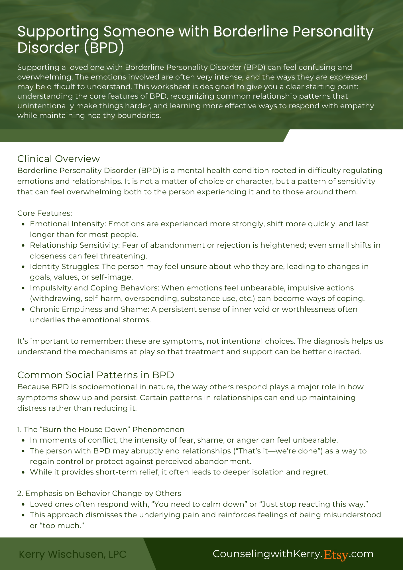 A worksheet titled 'Supporting Someone with Borderline Personality Disorder (BPD)' with text about BPD symptoms, social patterns, and supportive strategies, authored by Kerry Wischusen, LPC.