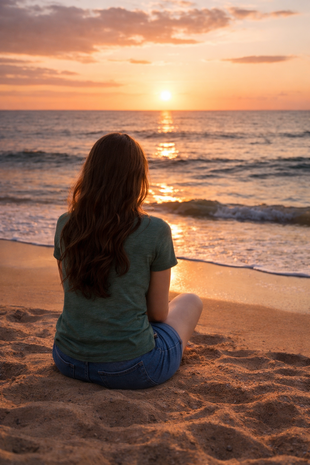 A woman with long brown hair wearing a green t-shirt and denim shorts sits on the sandy beach, facing the ocean during sunset.