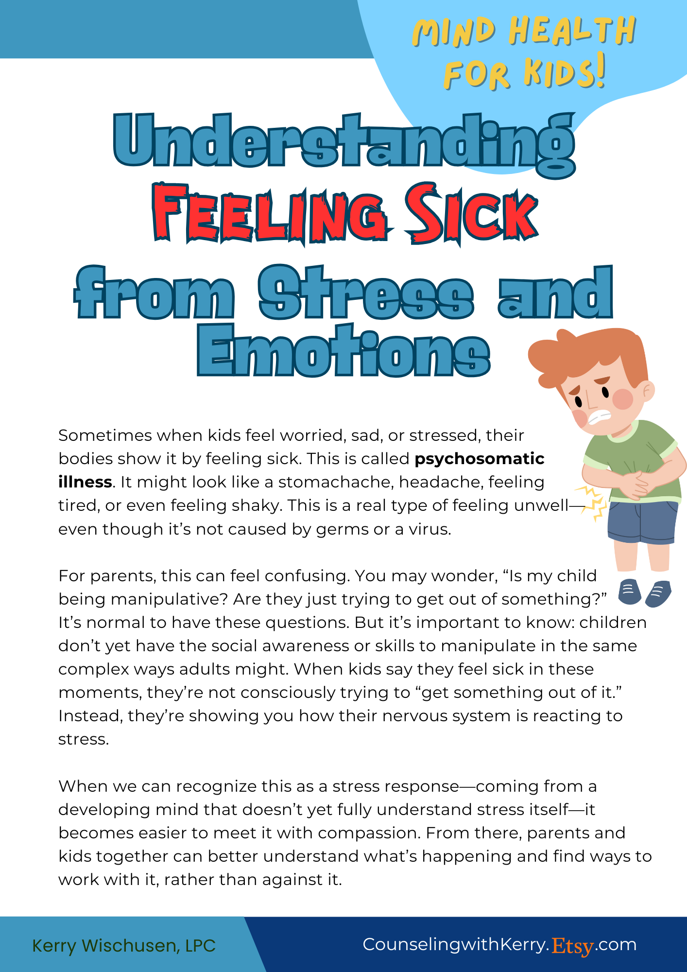 Educational poster titled 'Understanding Feeling Sick from Stress and Emotions' with playful text 'Mind Health for Kids!' and an illustration of a worried boy holding his stomach.