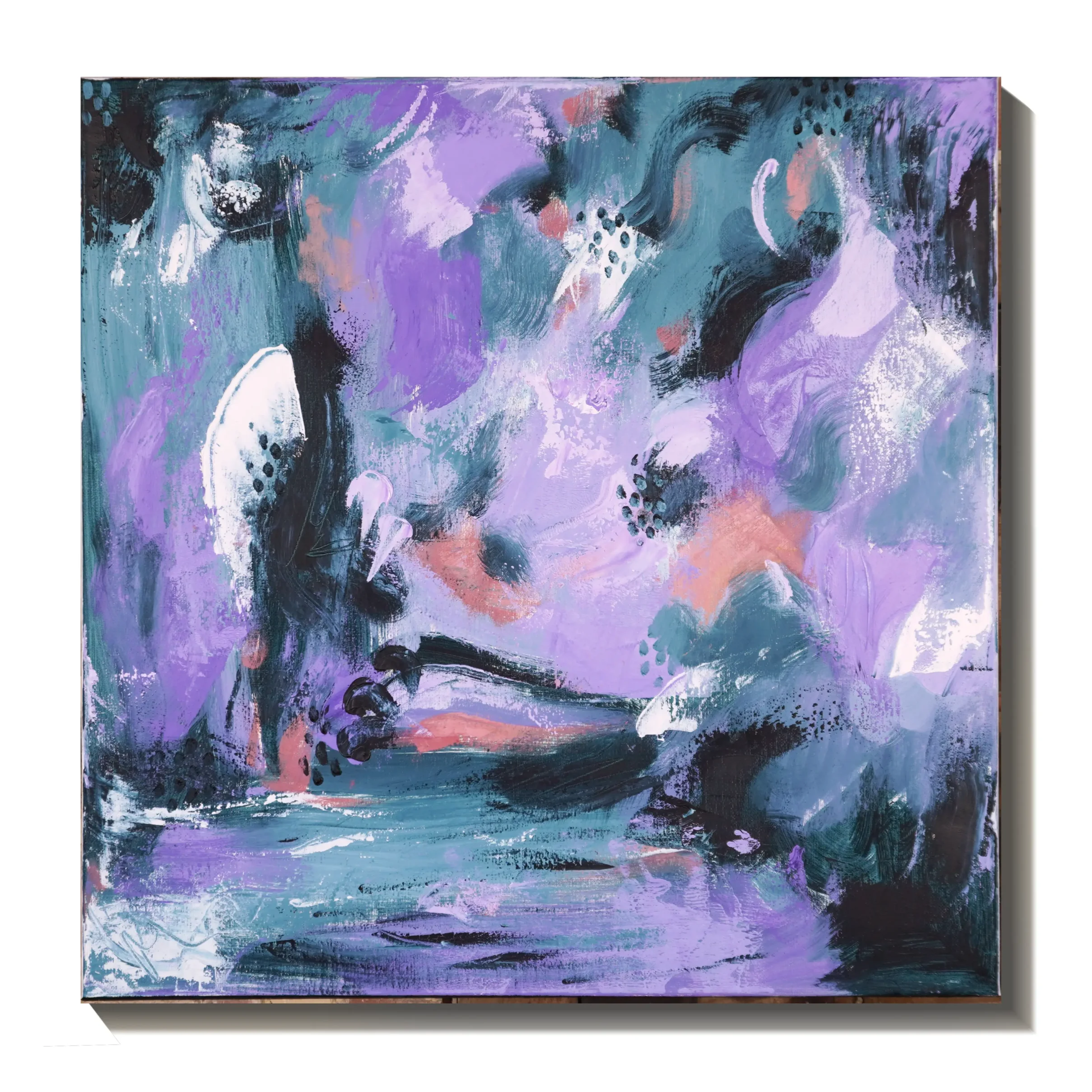 Cuadro abstracto con tonos púrpuras, azules, negros y algunos toques de color rosado y blanco, con trazos y formas fluidas y texturizadas.