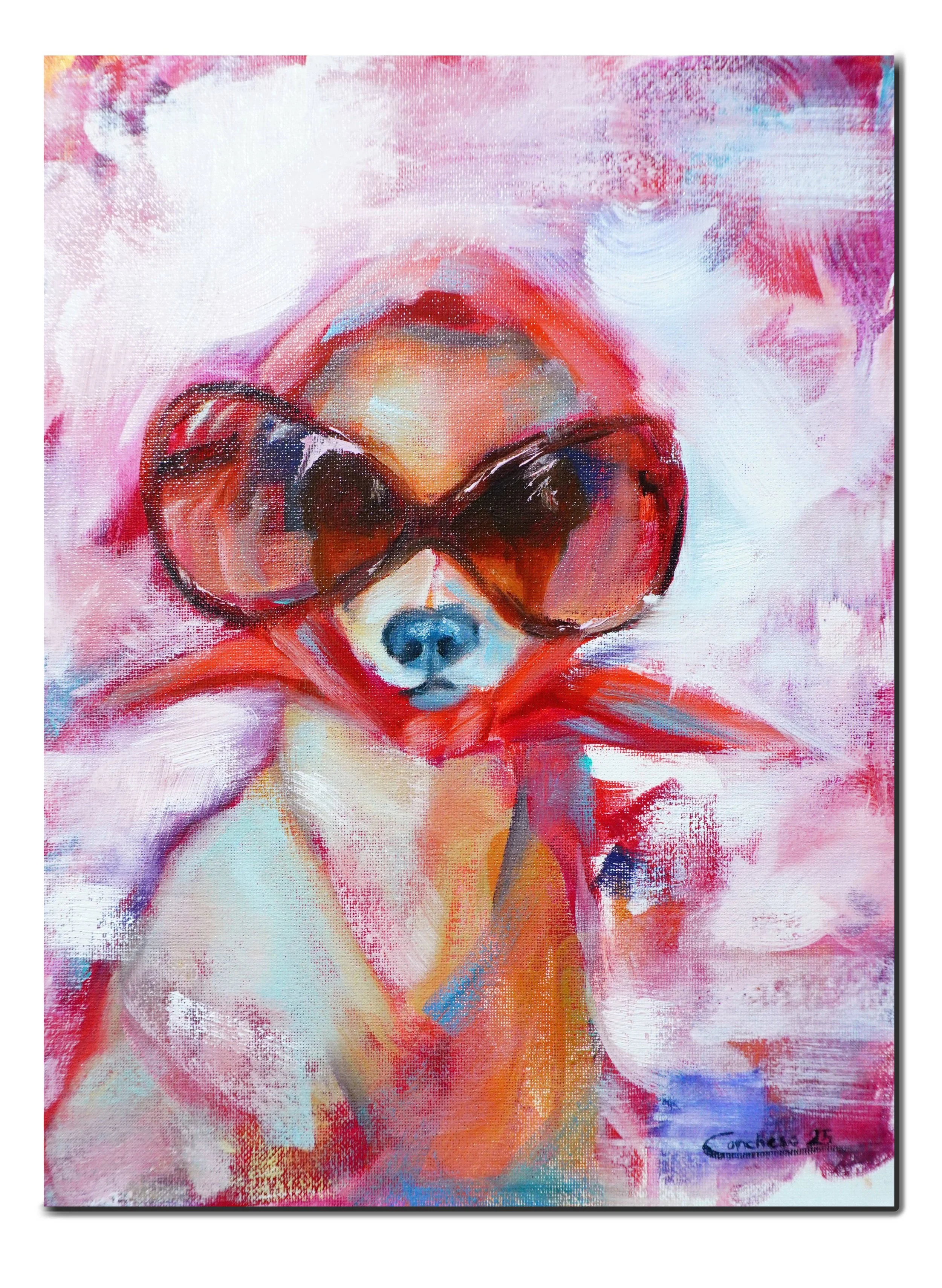 Retrato de un perro con gafas de sol oscuras, pintado en estilo abstracto con colores vibrantes como rosa, rojo, naranja, azul y blanco.