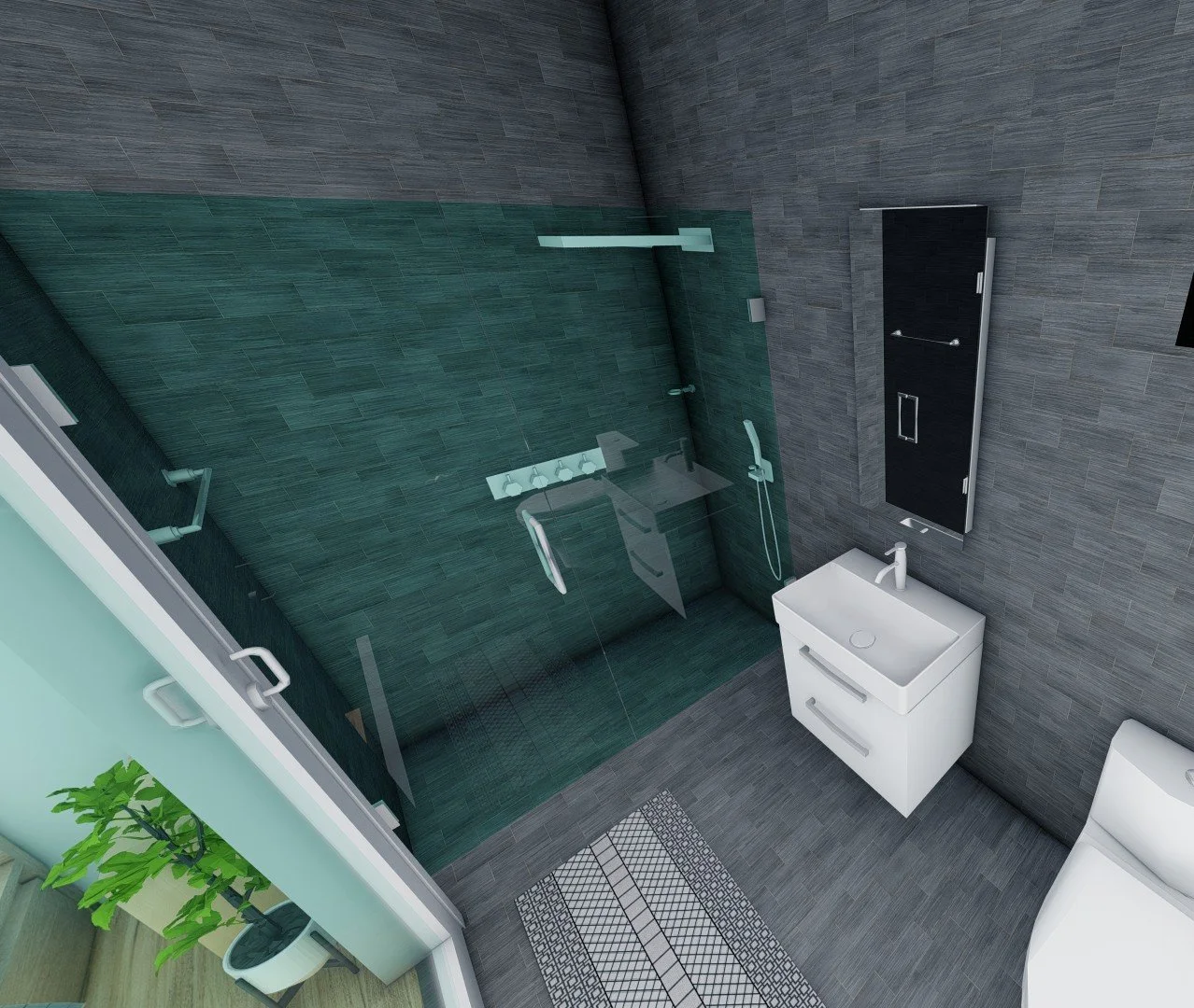 Modern bathroom with glass-enclosed shower, white sink vanity, black wall cabinet, and gray tiled walls and floor.