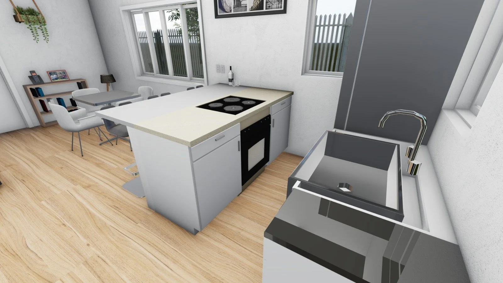View of a modern kitchen with a playroom
dining area in the background, featuring a dining table with six white chairs, a bookshelf, a lamp, window with outdoor view, white cabinets, a kitchen island with a beige countertop, a stove, and a large sink with a chrome faucet