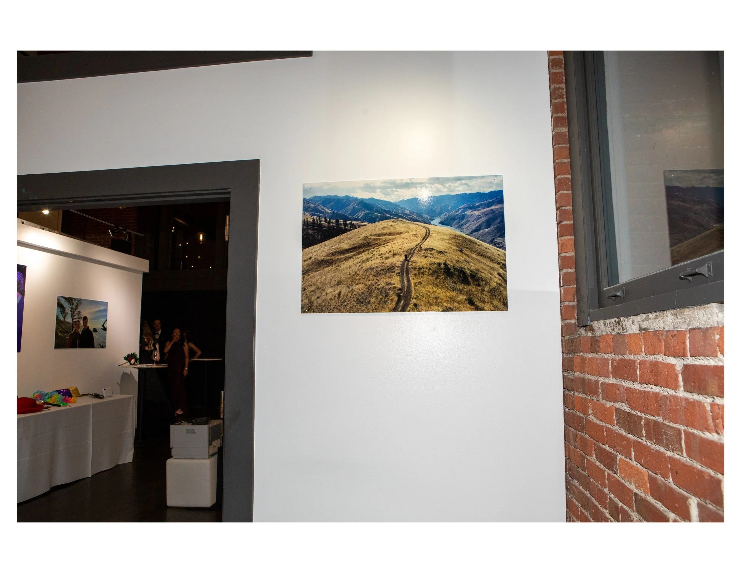 Photo of an art gallery wall featuring a landscape painting of a hilly landscape with mountains in the background.