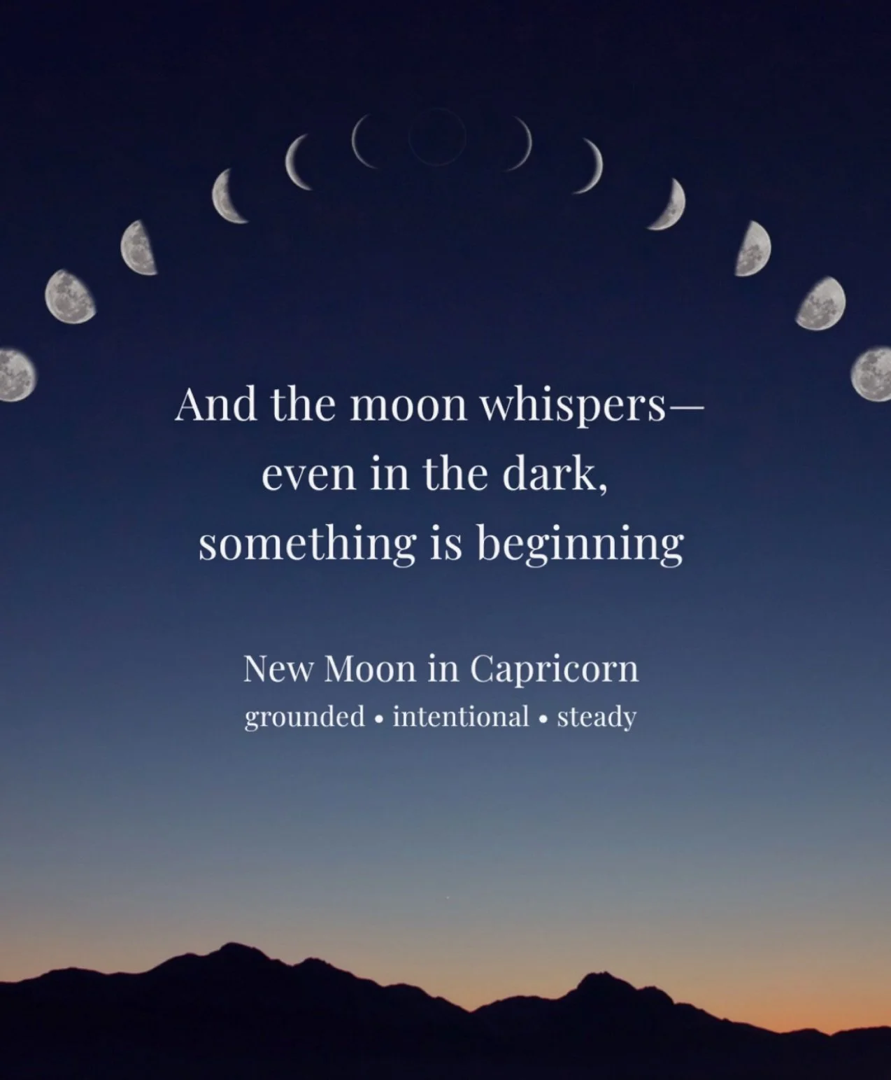 New Moon tonight 🌑 
This Capricorn moon is all about grounded beginnings and keeping the promises you make to yourself.

It doesn&rsquo;t ask for big leaps, only baby steps.

A simple way to honor it:

&bull; take a few slow breaths
&bull; write dow