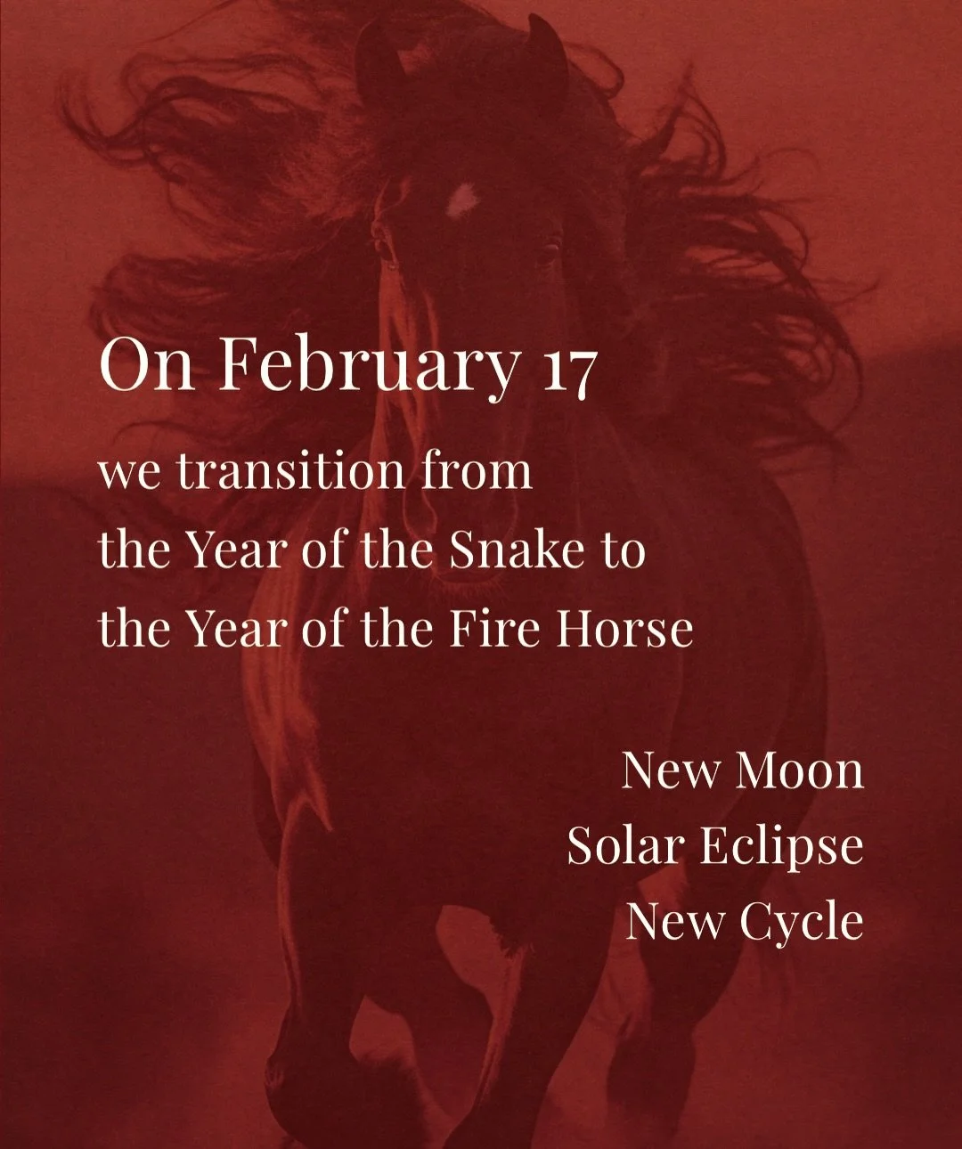 February 17th brings the powerful energy of the Year of the Fire Horse, a new moon, and a solar eclipse. 

Whether or not you follow astrology, transitions like this  are a great time for reflection.

What season are you leaving?
What kind of movemen