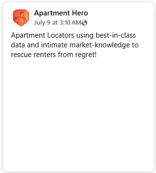 Text promoting apartment locator services using market-knowledge to help renters.