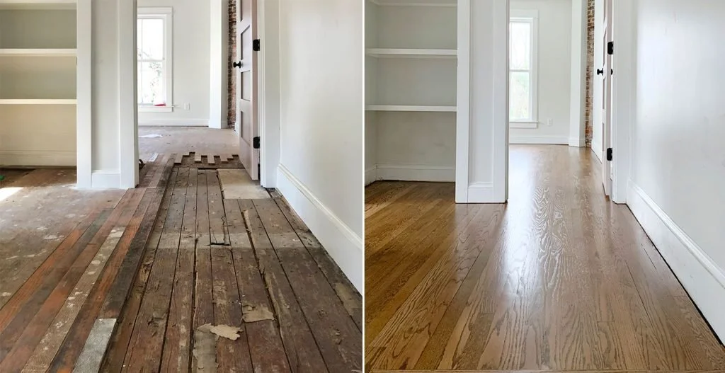 Side-by-side comparison of a room before and after hardwood floor renovation, showing damaged flooring on the left and repaired, polished flooring on the right.