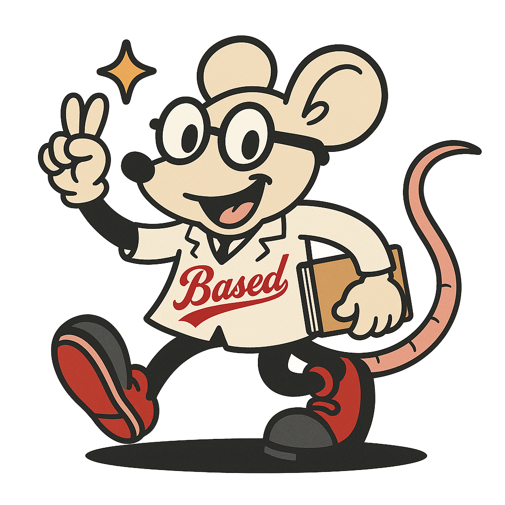 Cartoon mouse character with glasses, wearing a white coat with the word 'Based' in red, holding a book, making a peace sign, smiling, with a sparkle near its hand.