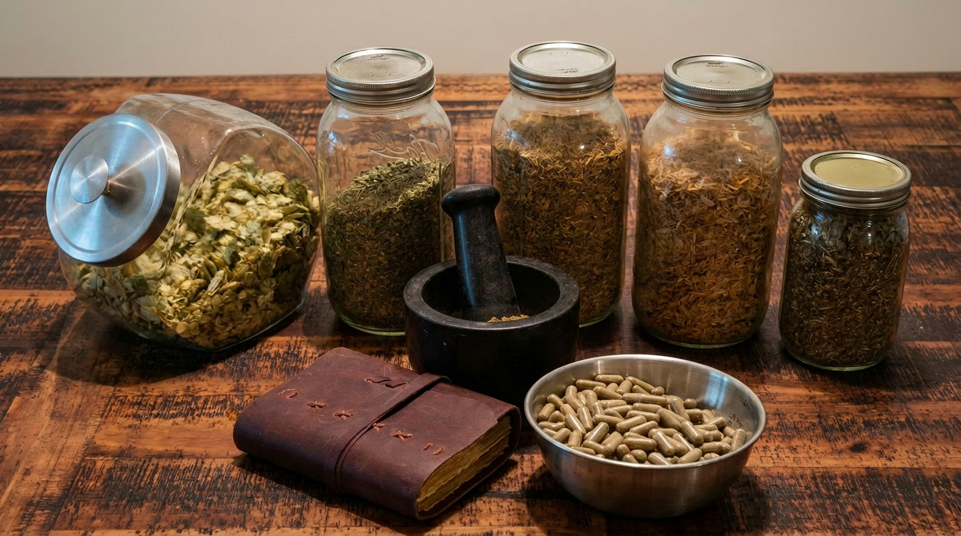 Jars of dried herbs, a mortar and pestle, a bowl of capsules, and a leather-bound book on a wooden table.
