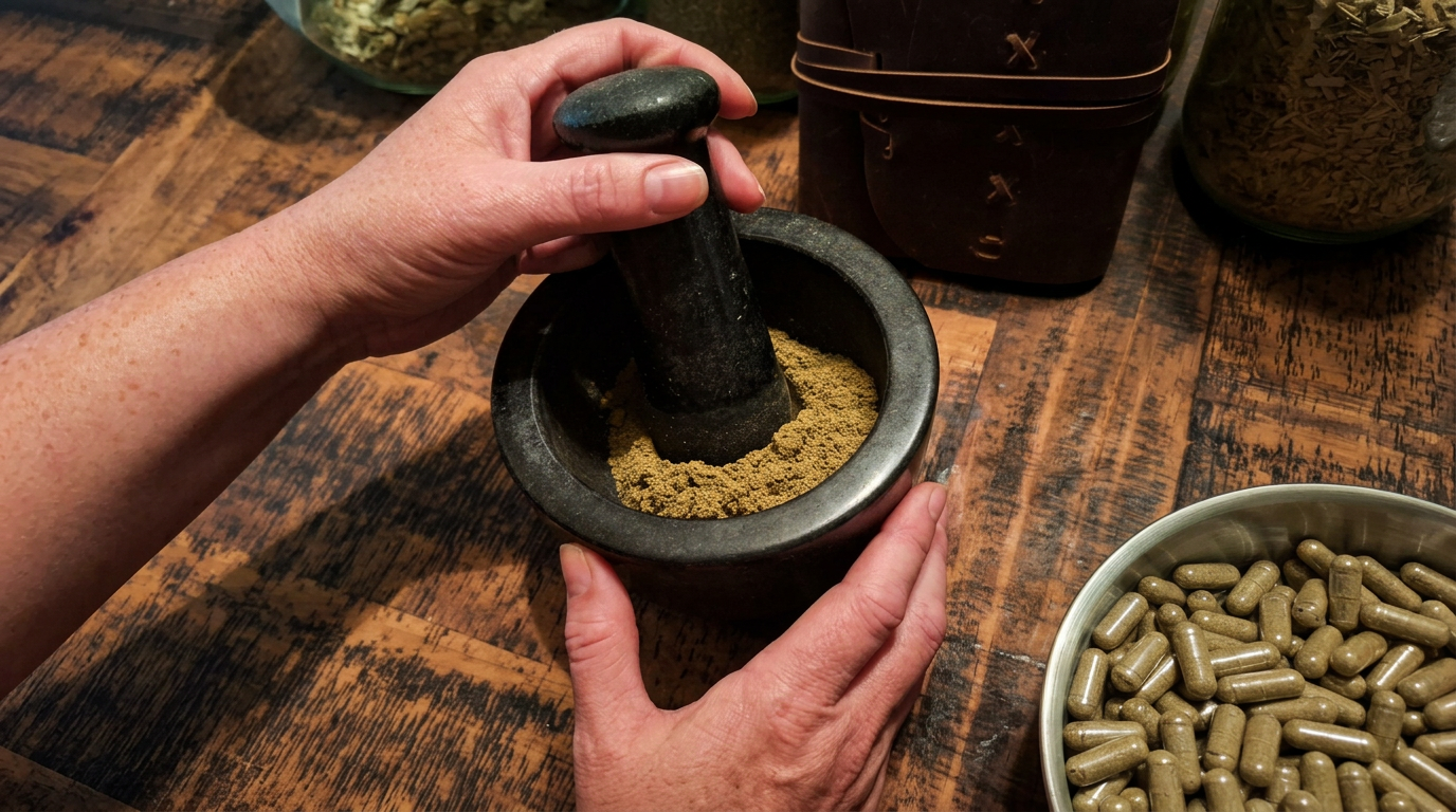 Hands grinding herbs in a mortar and pestle, with capsules and jars of herbs on a wooden table.