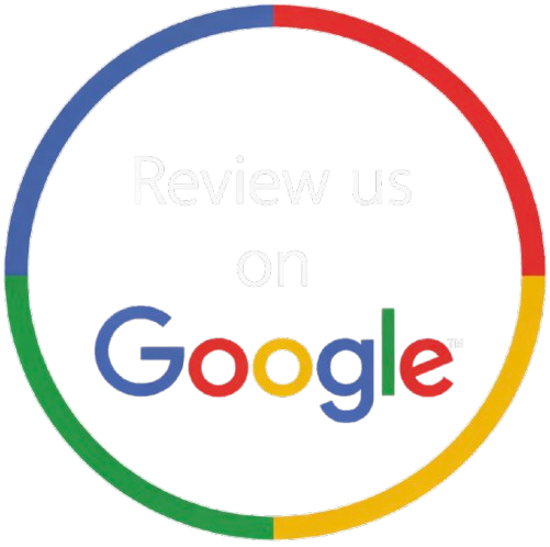 A circular logo with the Google colors and the message "Review us on Google" in the center.
