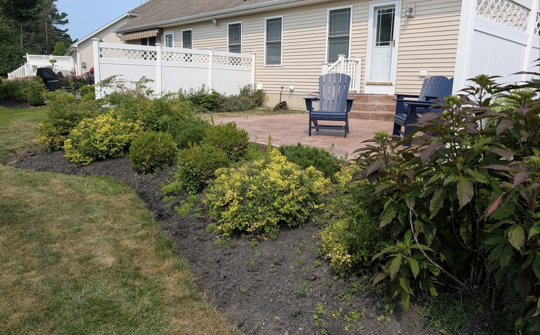 Overgrown backyard garden and landscape bed before professional landscape renovation by Kielty Landscaping