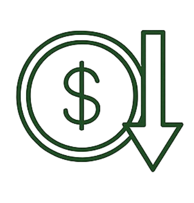 Outline of a dollar symbol with a downward arrow, indicating price drop or cost reduction.