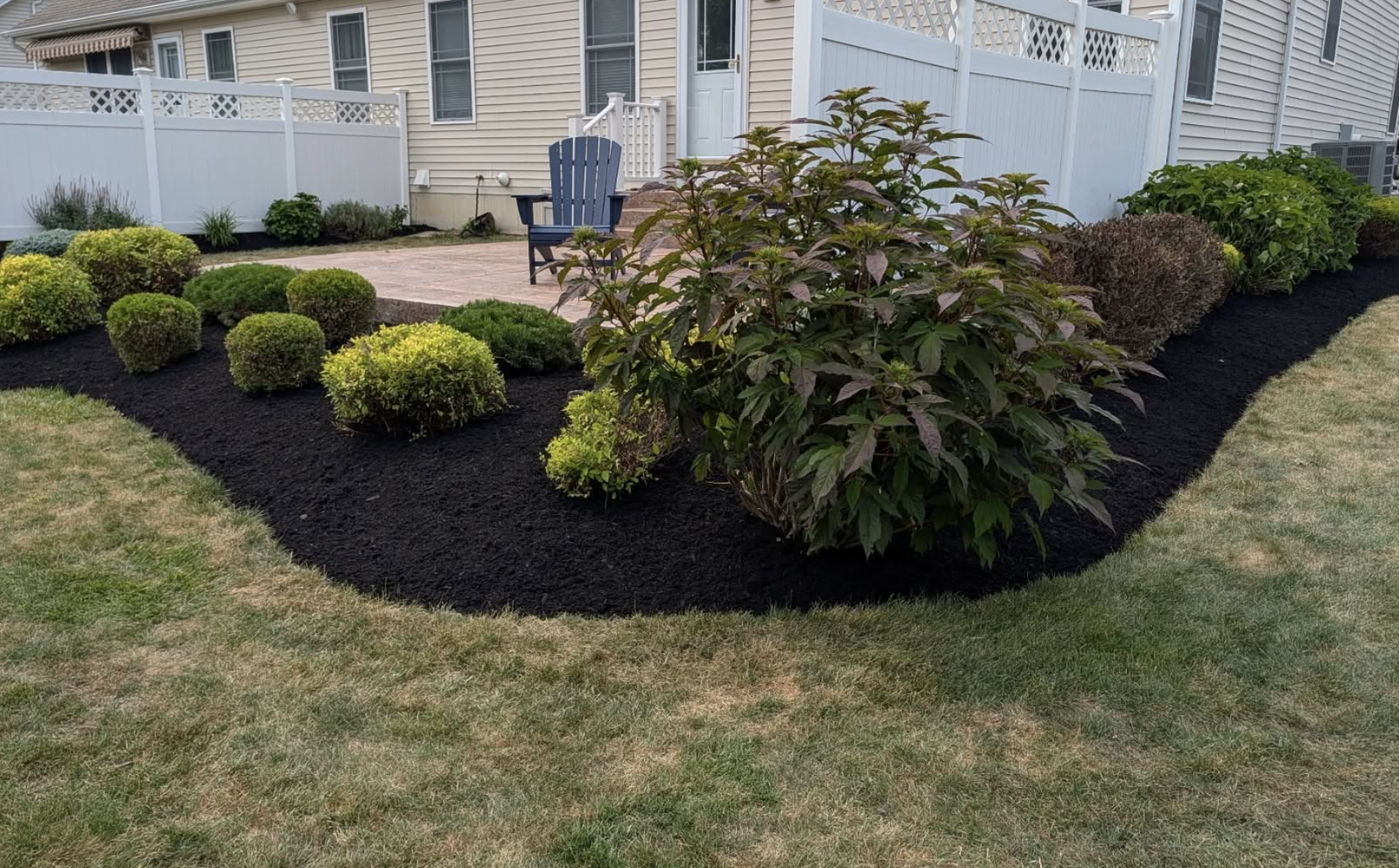 Renovated residential landscape bed with fresh black mulch, shrubs, and ornamental plants in Grand Island, NY