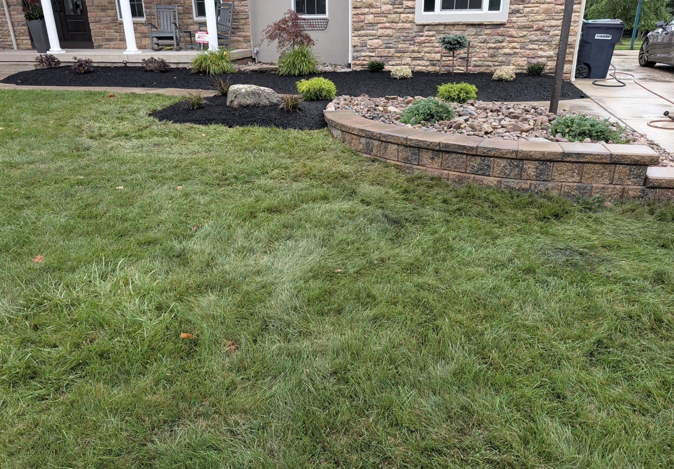 Newly renovated landscape bed with retaining wall, fresh mulch, plants, and sod in Grand Island, NY