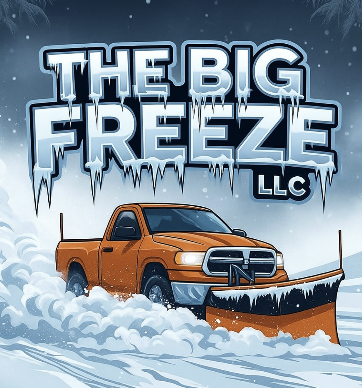An orange pickup truck with a snowplow blade attached is driving through snow, with a large icy logo reading "The Big Freeze LLC" above it, set in a winter scene.