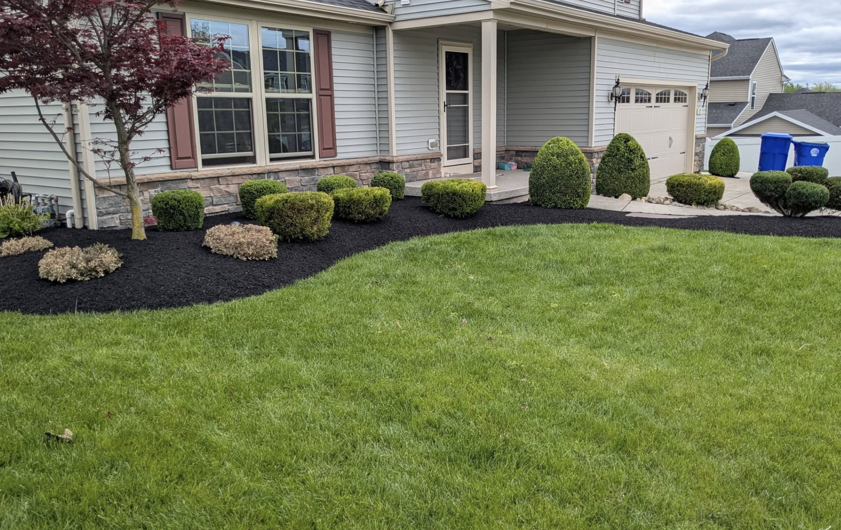 Well-maintained front yard with a green lawn, trimmed bushes, a small tree, and a house with gray siding and a stone foundation. Blue recycling bins are visible near the driveway.