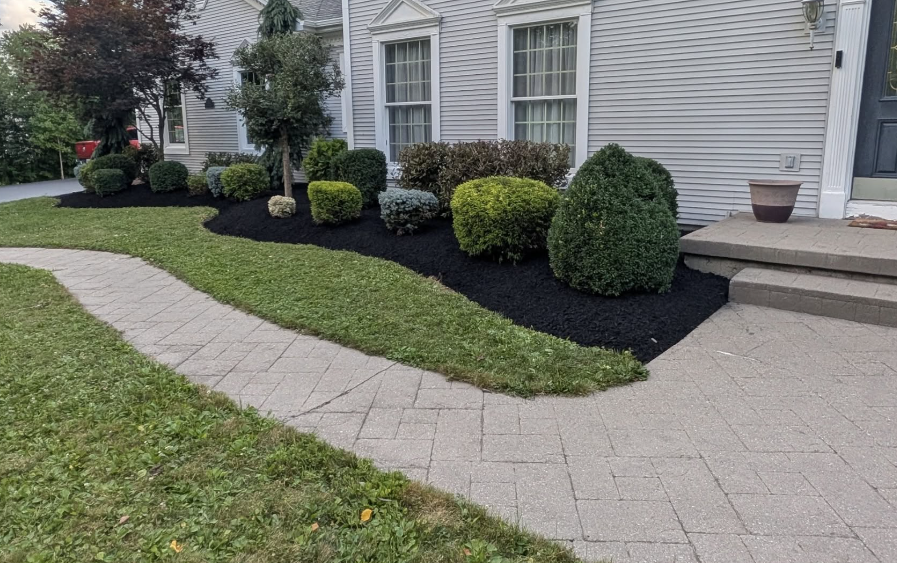 Freshly maintained landscape beds with trimmed shrubs, edging, and new mulch installed by Kielty Landscaping.