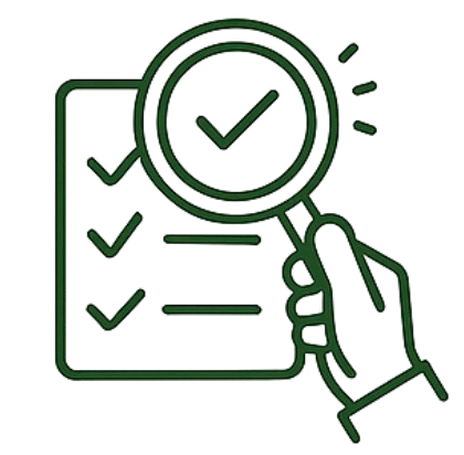 Outline of a hand holding a magnifying glass over a checklist with checkmarks.