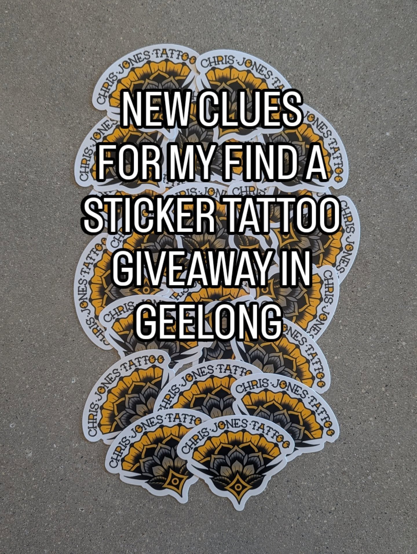 New clues for my 'Fimd a sticker' tattoo giveaway in Geelong.

All you have to do is, be the first to find any of the 3 stickers I've placed around Geelong, take a photo of the sticker, post it, tag me in it and you can win some money off your next t