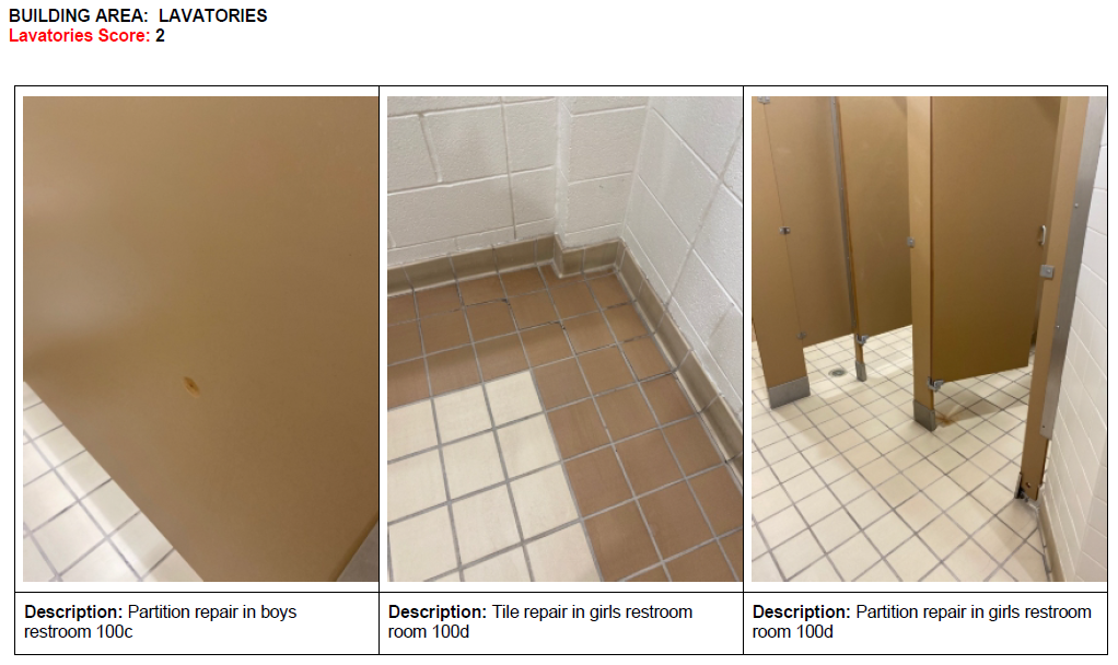 Images of restroom stalls and tiled floors in a boys restroom, showing partition repairs in a public school.