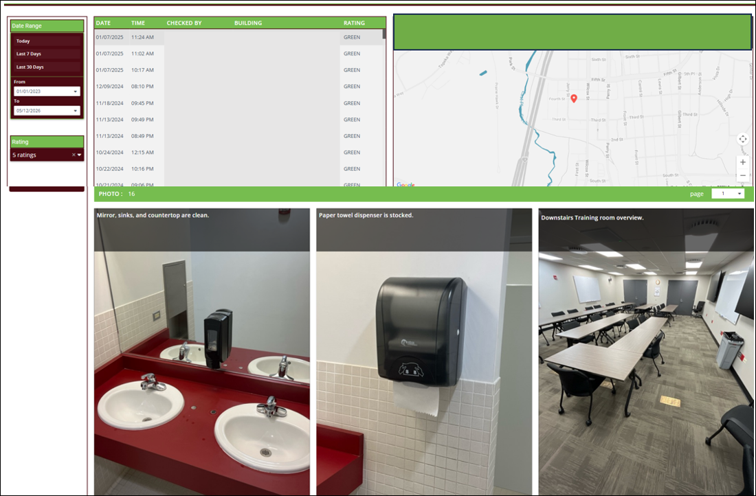 Live Activity Dashboard showing inspections map of where work occured, and photos of a bathroom with sinks and a paper towel dispenser, alongside a training room with tables and chairs.