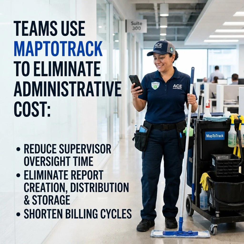A woman in a uniform smiling while looking at her MapToTrack app, standing next to cleaning supplies and a cart in an office environment.
