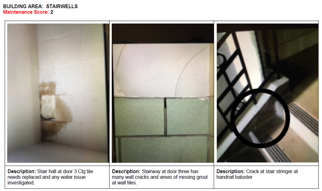 Photos of stairwells with damage: wall tiles with water stains, cracked grout, and a stair stringer with a crack near the handrail.