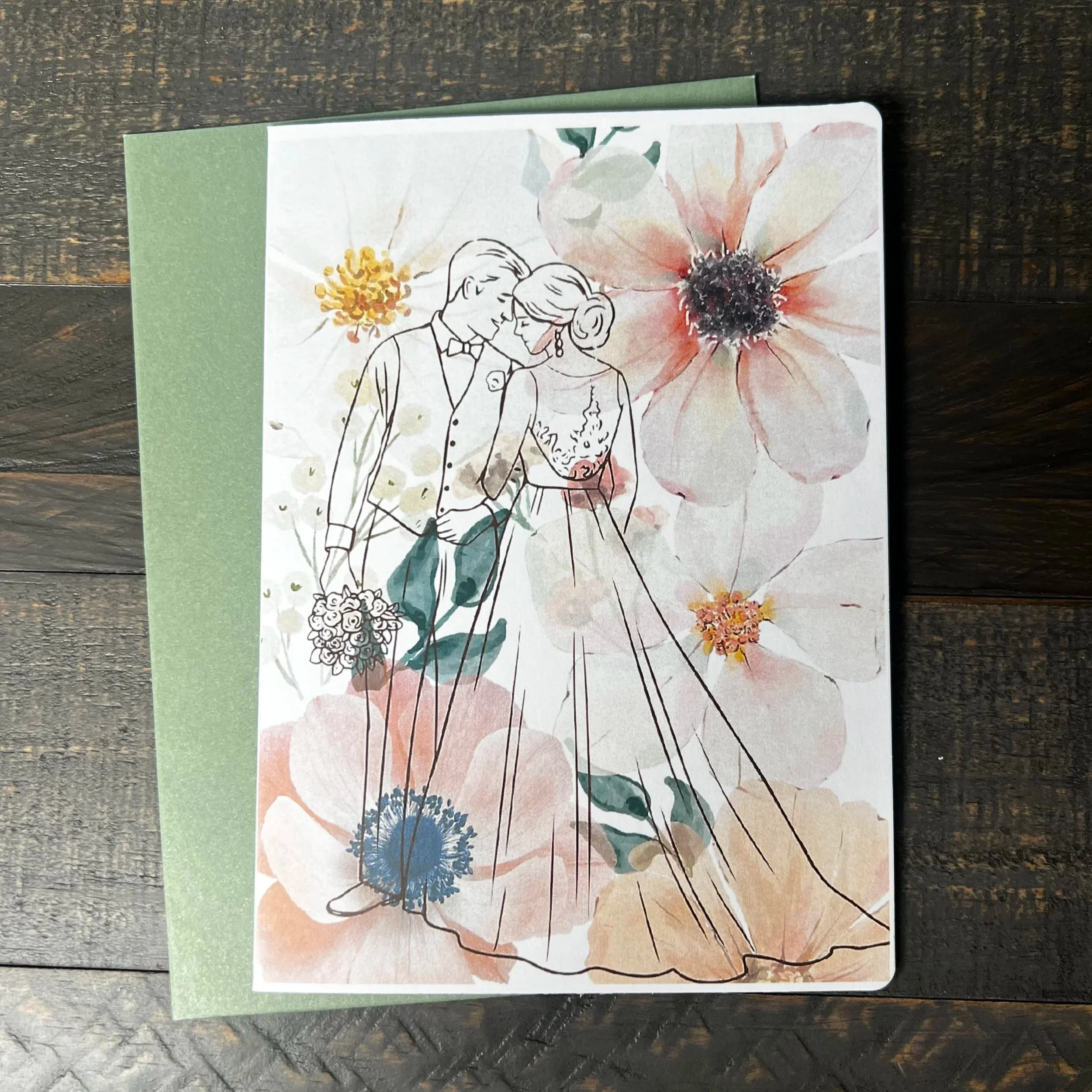 Front of Beginning of a Lifetime Wedding Card with coordinating sage green envelope.