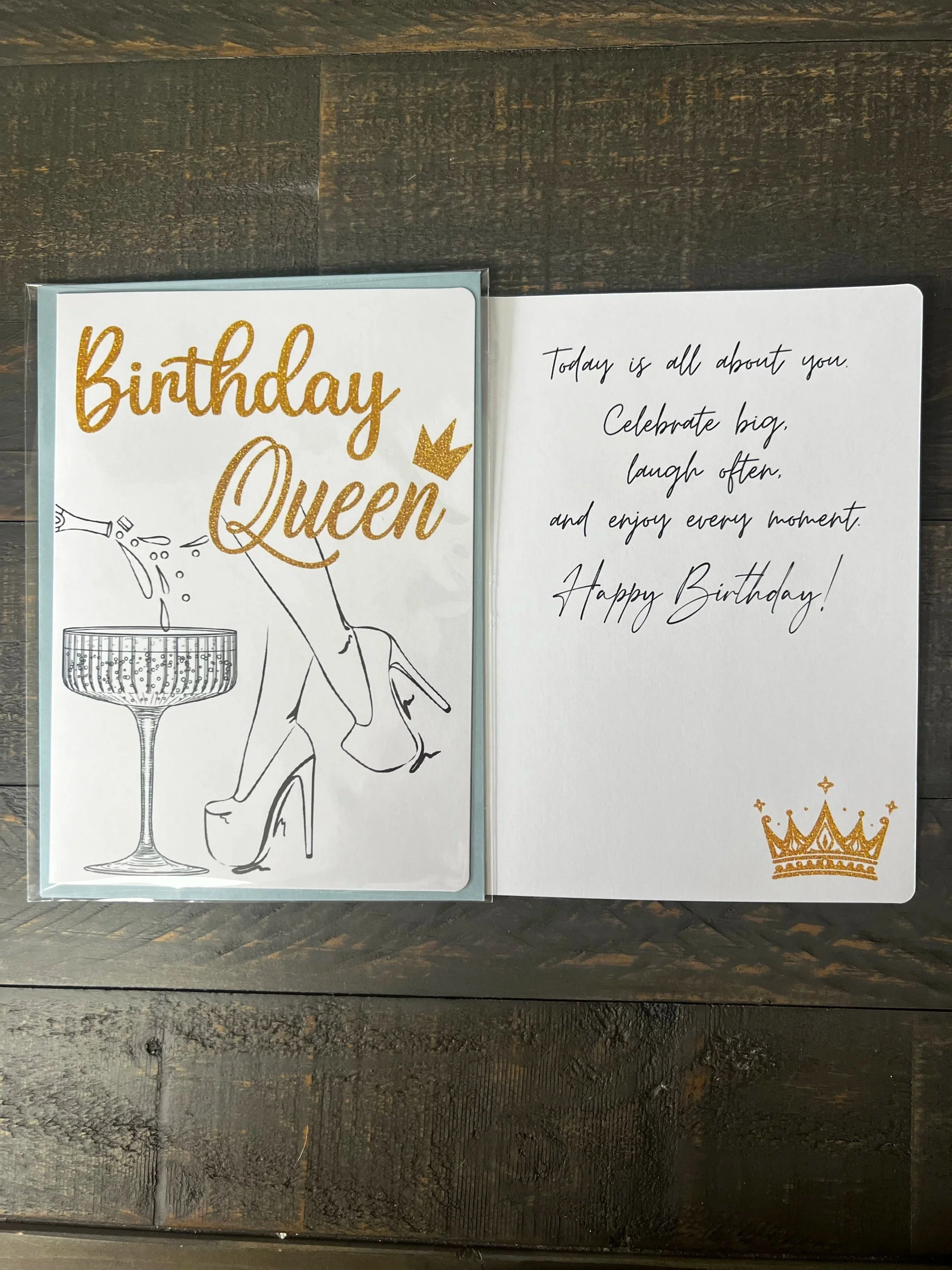 Front and inside of Birthday Queen greeting card showing the birthday message.