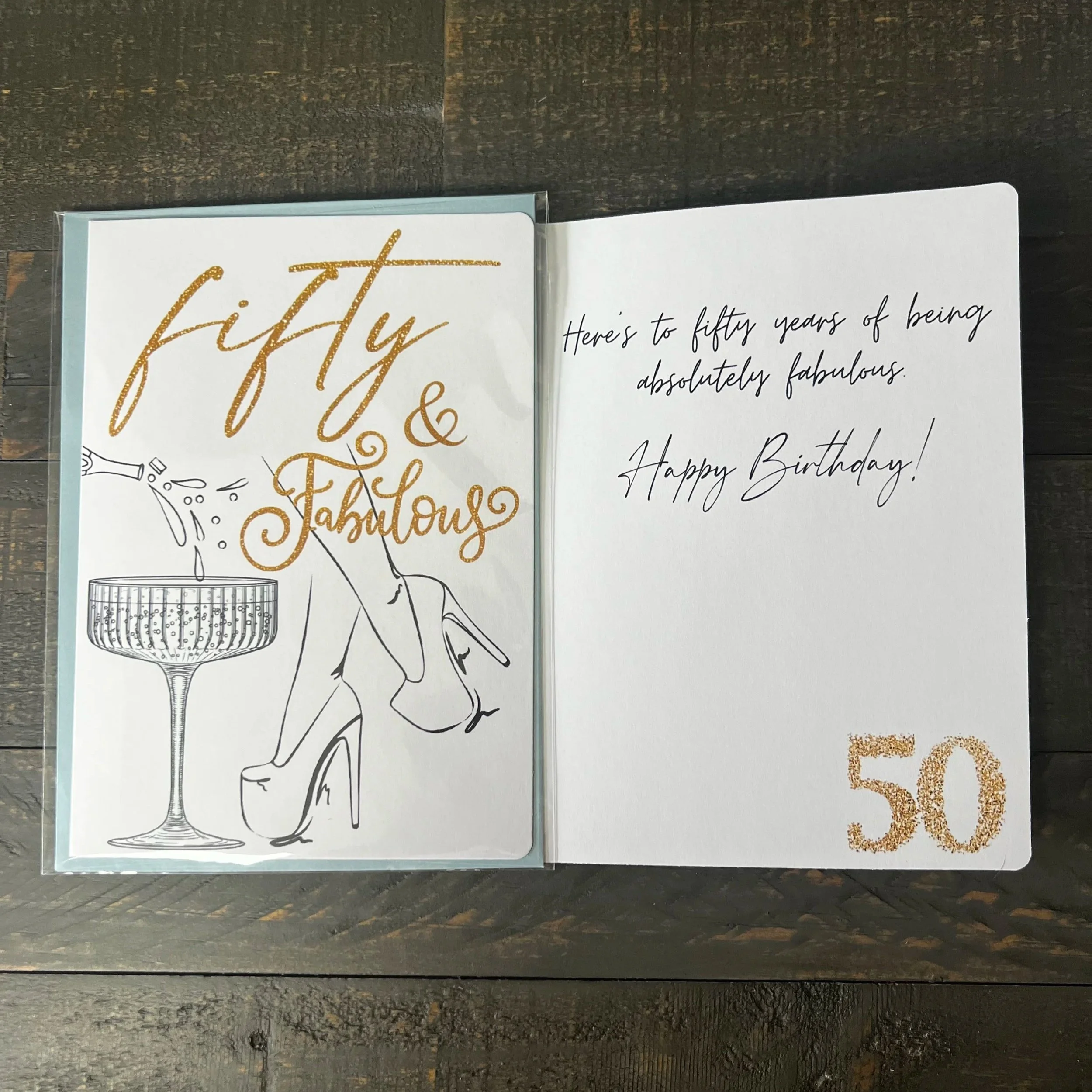 Front and inside of the Fifty & Fabulous birthday card displaying the heartfelt birthday message.