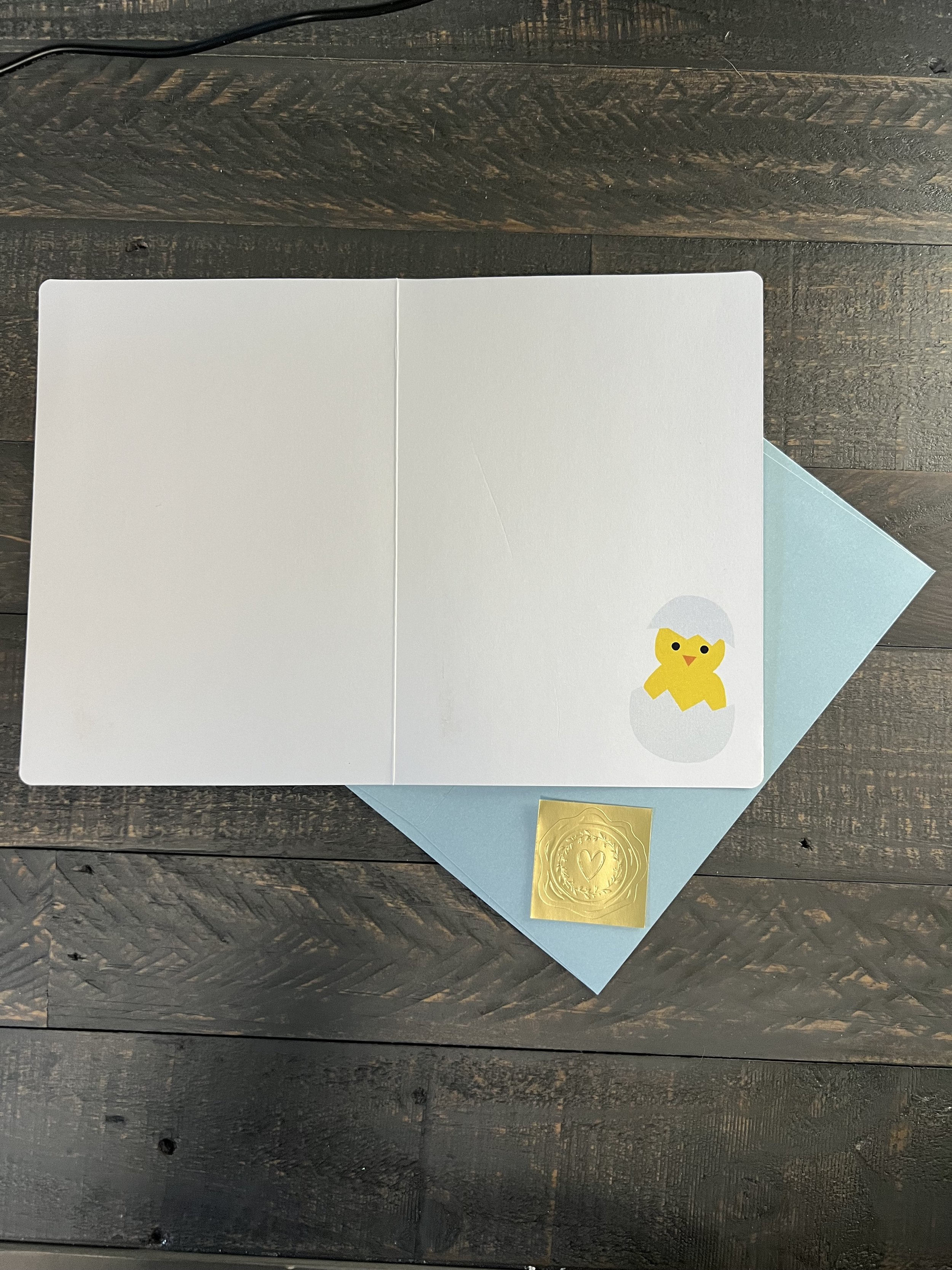 Inside of Easter card with blank space for message and small chick detail